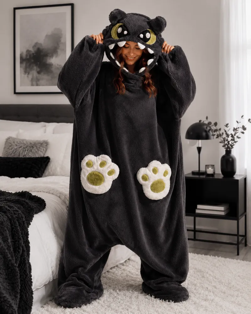 Large dragon onesie seen from the side with dragon spikes