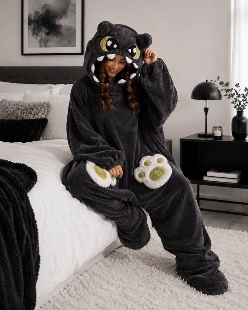 Large dragon onesie hood with dragon face pulled up
