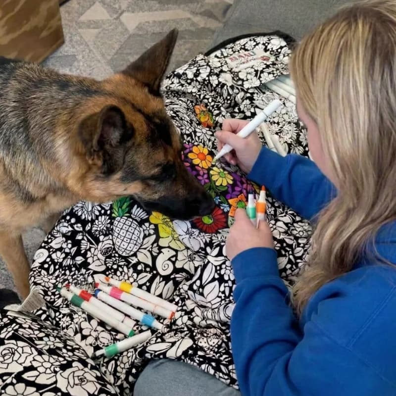 Girl coloring the blanket next to her dog with marker set