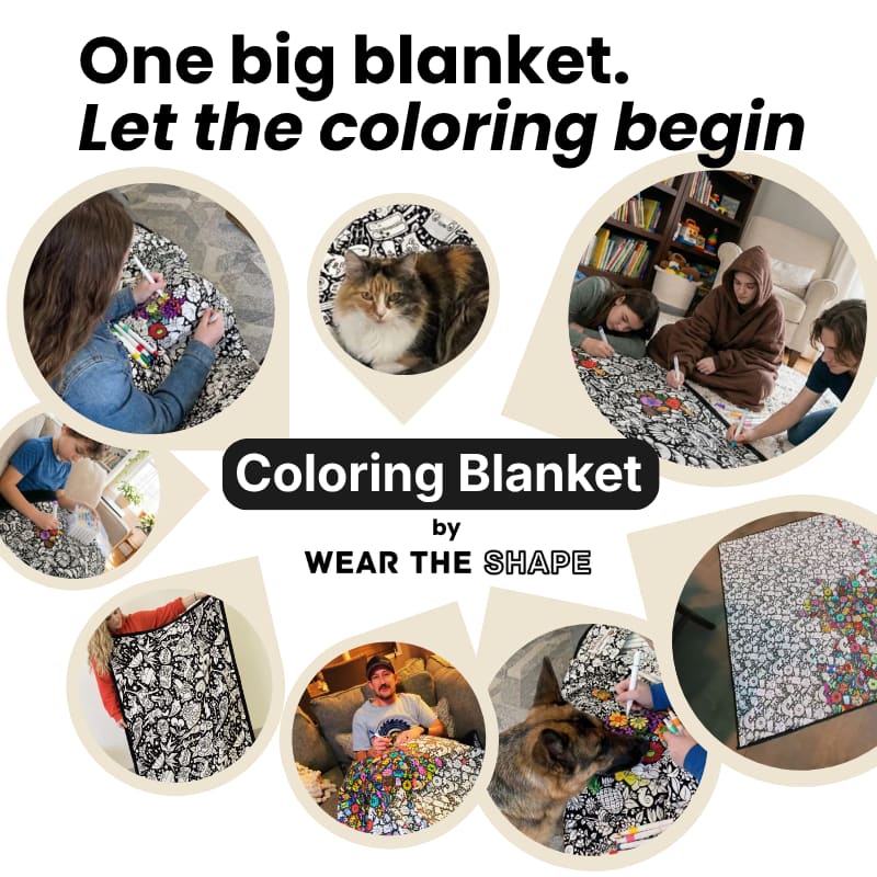 Collage of kids, adults and pets coloring the blanket
