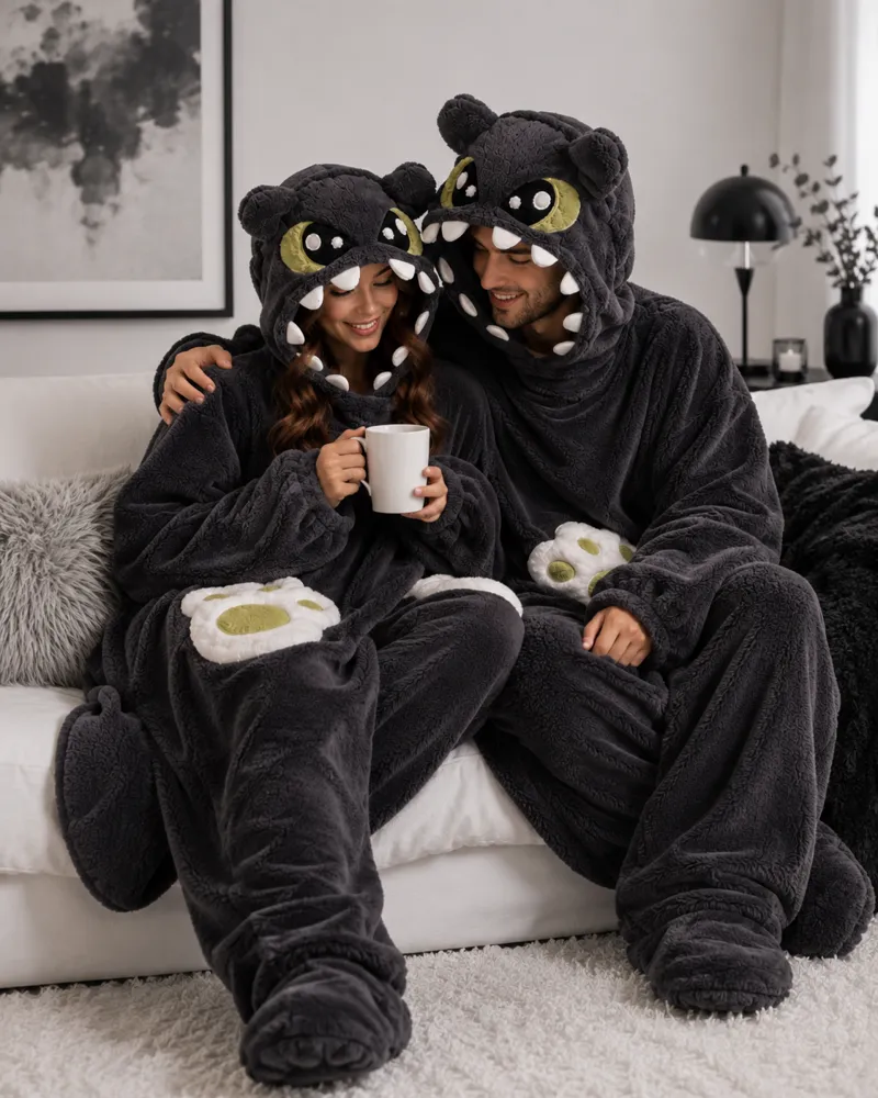 Lounging on the sofa in the large dragon onesie