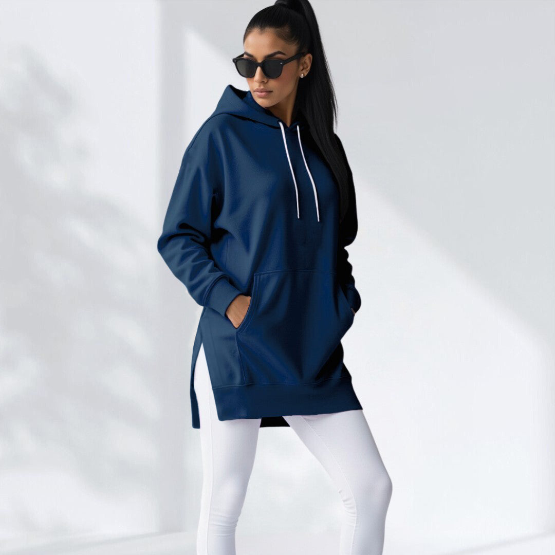 Woman wearing the navy Wear the Shape hoodie dress