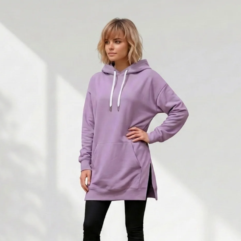 Woman wearing the lavender Wear the Shape hoodie dress