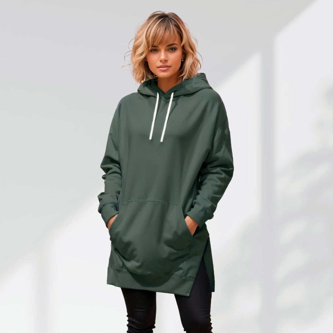 Woman wearing the olive green Wear the Shape hoodie dress
