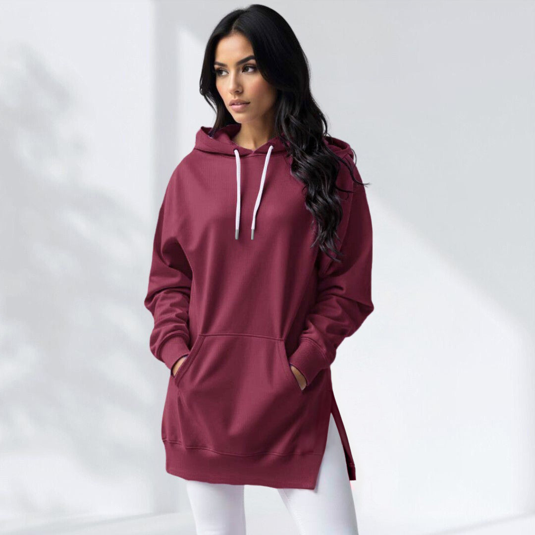 Woman wearing the burgundy Wear the Shape hoodie dress